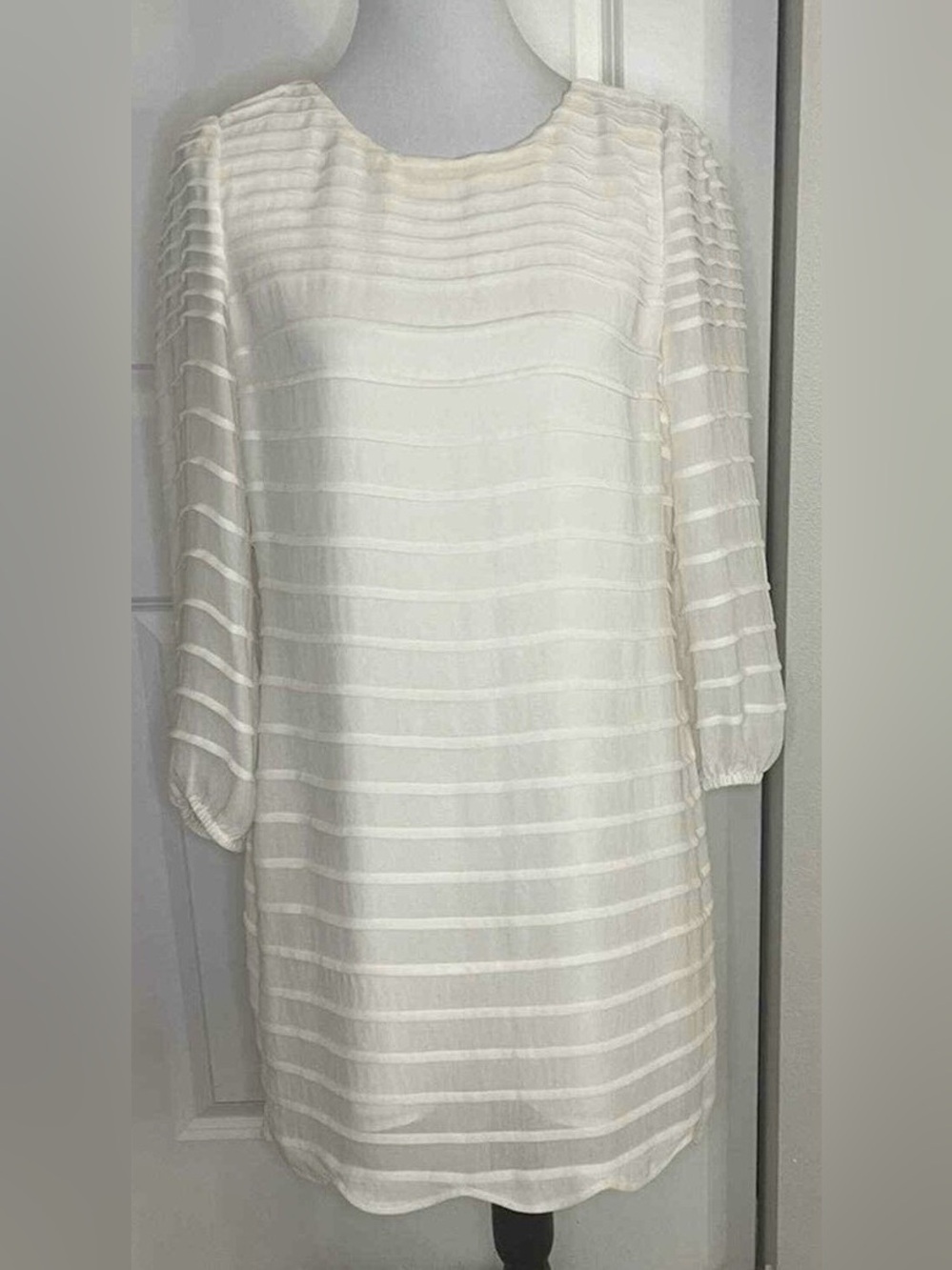 Massimo Dutti Cream Long-Sleeve Textured Stripe Shift Dress